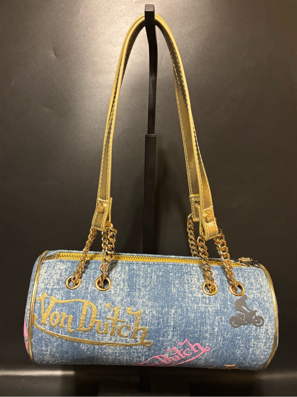 Von Dutch Denim Long Barrel Bag Gold
Chain Y2K Shoulder Purse NWT - Picture 3 of 3